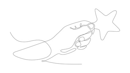 Fototapeta premium Hand holding a star continuous one line icon drawing. Star single line vector illustration in doodle style. Premium quality contour linear sign design concept. 