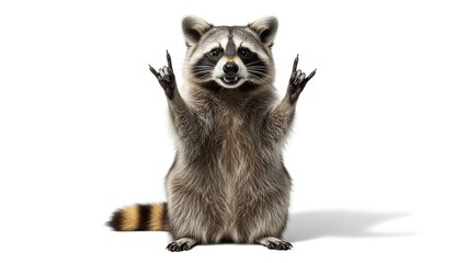 Obraz premium A curious raccoon standing on its hind legs with its front paws raised in a playful gesture.