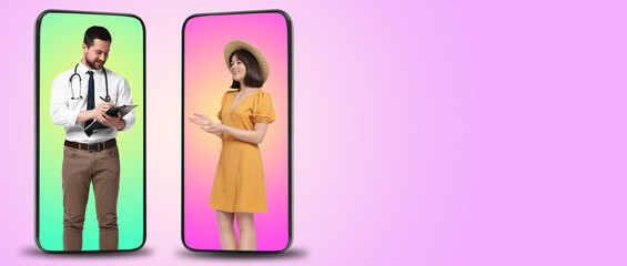 Online doctor. Woman and healthcare worker in mobile phones against pink gradient background. Banner design with space for text
