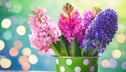 Vibrant Purple And Pink Hyacinth Flowers In A Cheerful Green Polka Dot Pot