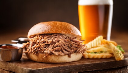 Delicious Pulled Pork Sandwich On Wooden Board With Craft Beer