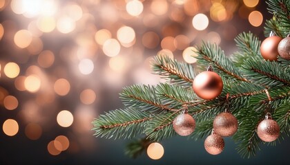 Evergreen Christmas Branch With Copper Ornaments And Glowing Bokeh Background