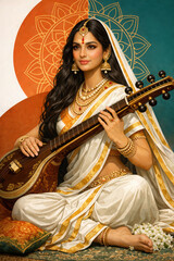 Beautiful Indian Woman Playing Veena Instrument in Traditional Attire musical instrument