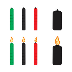 Red Black and Green Burning Candles Minimalistic Flat Design Transparent Background Set Sticker Icon. Isolated Vector illustration Birthday Holiday Related content or Greeting Card, leaflet, price tag