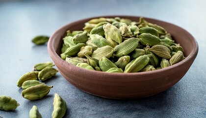 Green Cardamom Pods In A Natural Clay Dish Some Pods Scattered Around The Bowl