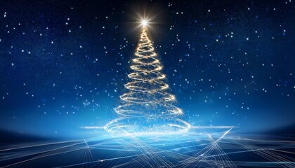Abstract Illuminated Christmas Tree Against Dark Blue Background With Glowing Lines And Starry Sky