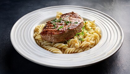 Grilled Steak Or Pork Loin Served With Pasta In A Rich Sauce Garnished With Fresh Herbs On A White Plate