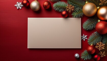 Empty Greetings Card Background With Christmas Ornaments And Copy Space