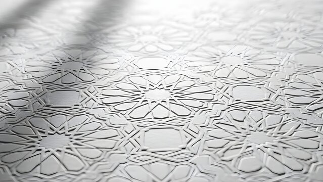 Photorealistic close-up of white thick paper with embossed Islamic geometric pattern