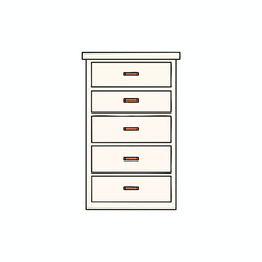 A beige chest of drawers with five drawers and brown rectangular drawer pulls