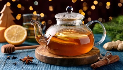 Christmas Inspired Tea Display With Aromatic Ginger Tea And Honey In A Glass Teapot On A Decorated Table