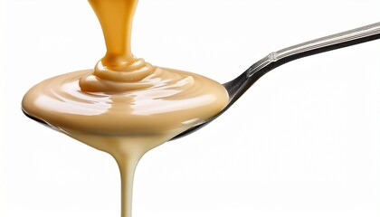Condensed Milk Flowing Down From Spoon Isolated On Transparent White Background