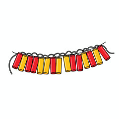 A string of red and yellow firecrackers with a grey fuse, on white background