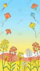 Colorful Kites Flying Over Field of Flowers and Books kite flying blue sky