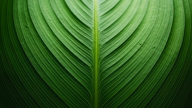 Extreme macro close-up view of dark green leaf texture showing prominent central vein and fine parallel striations