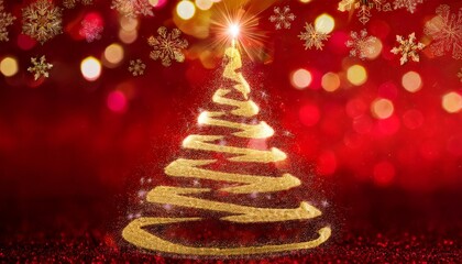 Christmas Card Background With Elegant Gold Tree Design For Holiday Greetings Shining Lights In The Shape Of A Christmas Tree A Bright Red Background A Fluttering Snowflake A Bokeh Light Backgroun