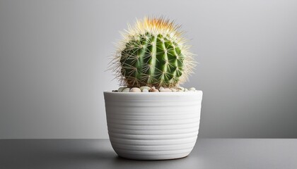 Single Dwarf Cactus In White Ceramic Pot Isolated On Plain Background