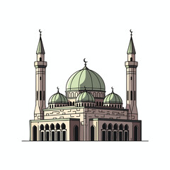Illustration depicts a mosque with two minarets, multiple domes, and arched openings