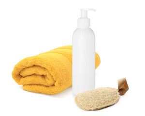 Sponge, towel and bottle of shower gel isolated on white