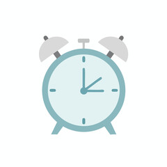 Illustration of a blue analog alarm clock with bells, on a white background