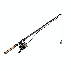 An illustrated fishing rod and reel, with line and hook, isolated on white