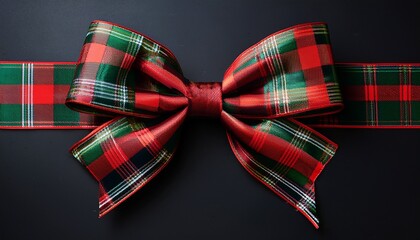 Festive Red And Green Plaid Bow On A Black Background For Christmas