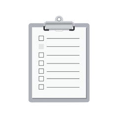 A gray clipboard with a checklist, one box is checked