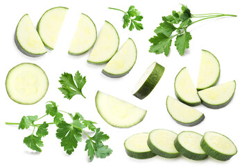 Zucchini slices and parsley isolated on white, set