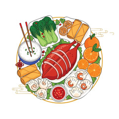 A colorful, circular plate of various East Asian cuisine on a white backdrop