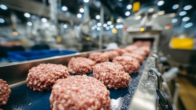 2Close-up view of meat grinders depositing minced meat into casings, sausages moving in perfect rows along a conveyor, with sterile factory environment and overhead lights creating