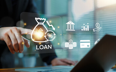 Business person selecting digital loan icon on virtual financial interface with money bag and interest rate symbol, representing online loan application, credit approval, financial technology concept.