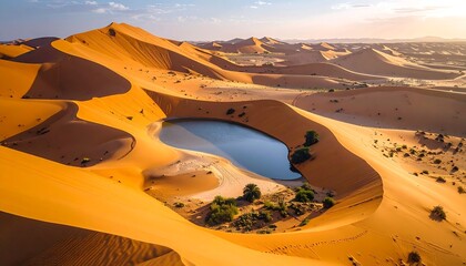 Aerial view of a desert landscape, showcasing a serene lake embraced by towering sand dunes