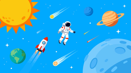 Astronaut in space with planets and rocket © NML