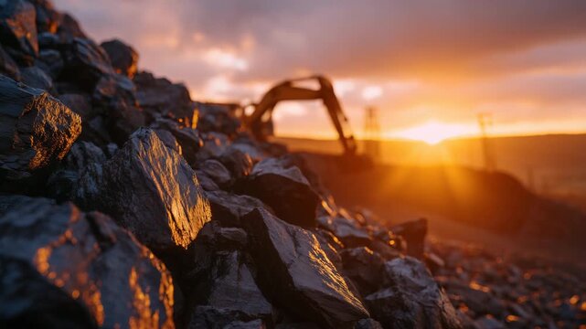 3Macro shot of unprocessed coking coal chunks piled unevenly, glowing highlights from low warm sun, silhouettes of heavy machinery moving softly out of focus behind