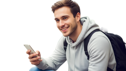 Happy young man smiling and using smartphone while walking isolated on black background