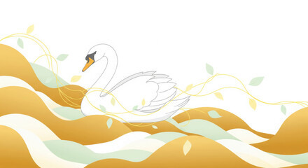 Elegant Swan on Golden and Green Wavy Background Bird Waterfowl