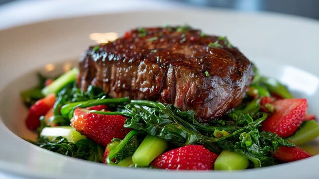 3Top-angle food shot of juicy steak, leafy greens, and fresh strawberries placed neatly on a pure white plate, colors vivid and inviting in a clean dining setup