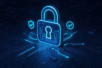 Digital Fortress: Illuminated neon padlock symbolizes data security within a complex circuit board matrix. Represents safe, digital protection and safeguard the digital realm.