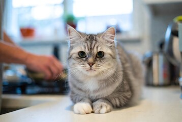 Adorable Gray Cat with Fluffy Fur in a Cozy Kitchen Setting: The Perfect Feline Companion for Pet Lovers
