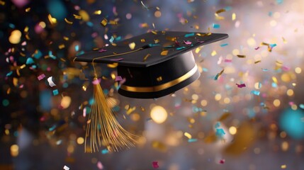 A graduation cap with a shimmering gold tassel flies through the air, surrounded by vibrant confetti in shades of gold, pink, and blue, capturing the joyful spirit of the ceremony