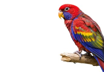 Obraz premium Vibrant Colorful Parrot Sitting on Wood Branch Isolated White Background