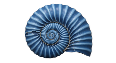 Striking close up view of a beautifully textured blue nautilus shell spiral showcasing perfect logarithmic growth on transparent background