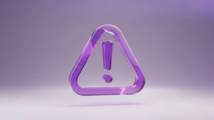 Minimal glass style warning icon in purple tones, representing caution, alert, danger, or system notifications in digital environments, 3d rendering