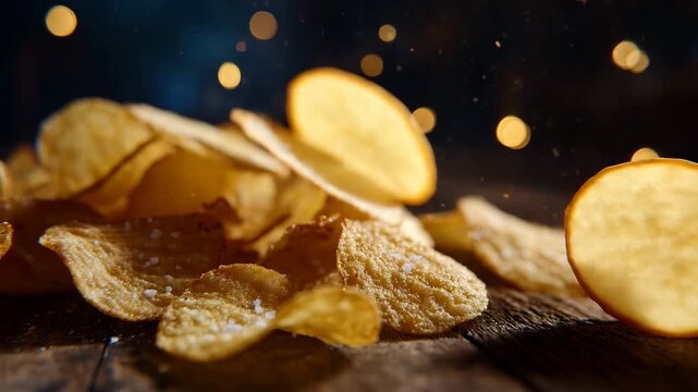 9A cascade of crunchy potato chips floats in slow motion, each chip glistening with fine salt crystals, suspended above a rustic wooden table with soft cinematic backlighting, hyper