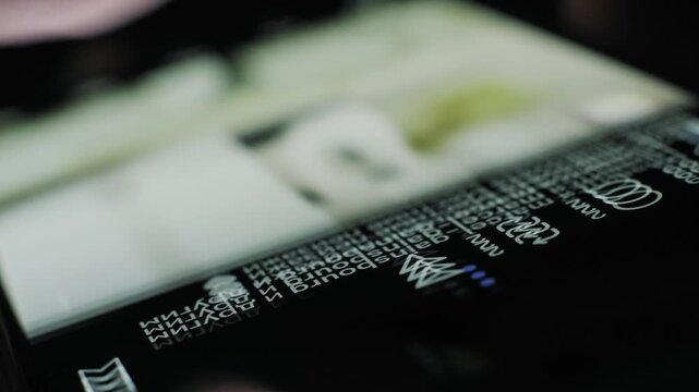 Angled close-up of a thumb quickly scrolling an endless feed on a smartphone screen in a dark room. The motion represents information overload and digital fatigue from online data.
