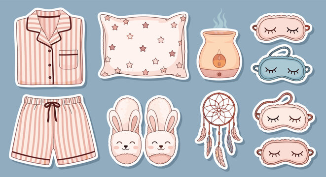 Collection of sleepwear stickers including striped pajamas, pillow, sleep masks, bunny slippers, and a dreamcatcher.