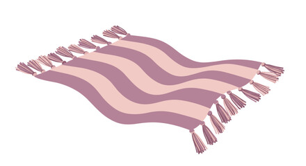 Obraz premium Magical flying carpet with wavy pink and purple stripes and decorative tassels floating in mid-air against a white background.