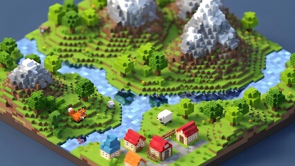 A detailed voxel art diorama depicting a vibrant miniature landscape with snow-capped mountains, winding rivers, lush green forests, a small village, and animals.