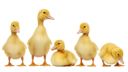 Cute Group of Yellow Ducklings in Various Poses Isolated on White Background