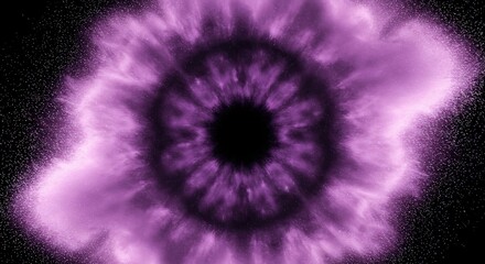 Vibrant purple energy burst forming a mesmerizing cosmic vortex or eye in a dark, star-filled void. An intricate abstract illustration of powerful galactic forces and swirling light